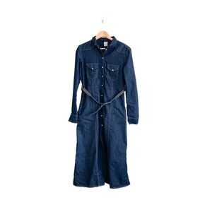 Dixie Denim Shirt Dress Long Line Pearl Snaps Women's L Dark Blue